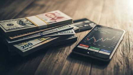 Stack of money and mobile phone with stock market chart on wooden background.の素材
