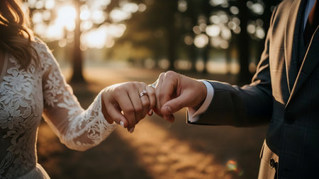 The bride and groom are holding hands in the park at sunset.の素材