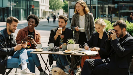 multiethnic friends drinking coffee and talking on street cafe terraceの素材