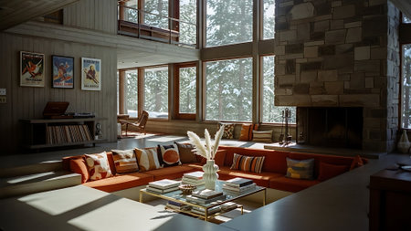Interior of a modern living room with a large window overlooking the countrysideの素材
