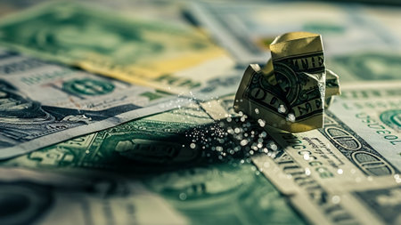 Broken origami dollar on the background of dollar bills. The concept of financial crisis.の素材