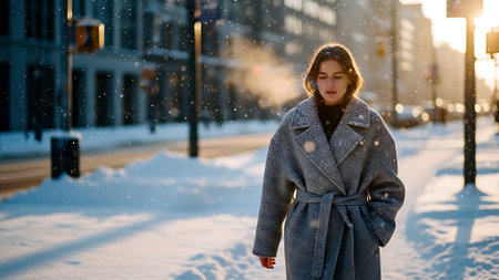 Beautiful young girl in a coat walks in the winter city.の素材