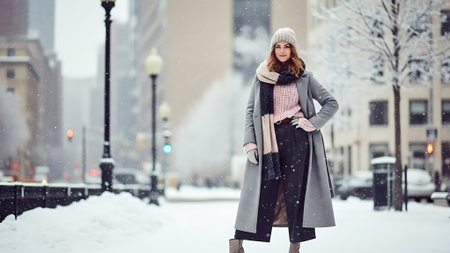 Beautiful young woman in a gray coat on a snowy winter streetの素材