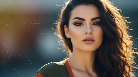 Portrait of a beautiful brunette girl with long curly hair and bright makeupの素材