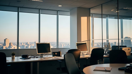 Office interior with panoramic window and city view. 3D Renderingの素材