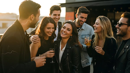 Group of young friends having fun and drinking beer at the rooftop partyの素材