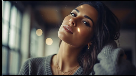 Portrait of a beautiful young woman in a sweater and scarf.の素材