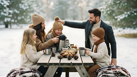Winter picnic. Cheerful young family spending time together in the parkの素材