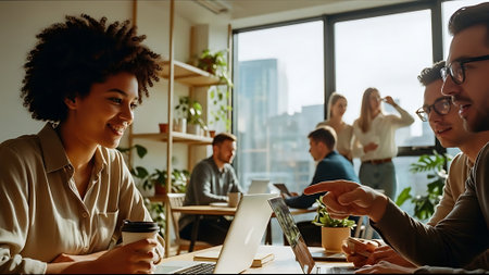 Group of young business people in smart casual wear working together in modern office. They are sitting at the desk and using digital tablet. Front viewの素材