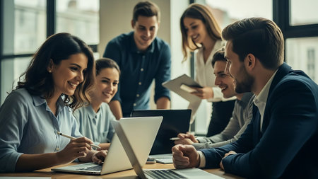 Group of business people working together in office. They are using laptop and smiling.の素材