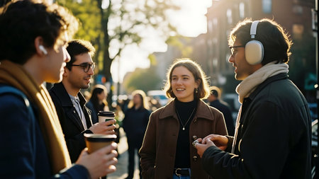 Group of young people walking in the city with coffee and talking.の素材