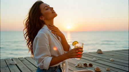 Young woman with a glass of cocktail on the beach at sunset.の素材