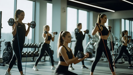 fitness, sport, training, gym and lifestyle concept - group of smiling women exercising with dumbbells in gymの素材