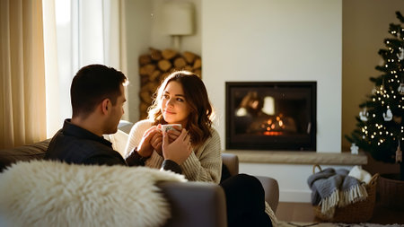 Young couple sitting on sofa in front of fireplace and looking at each otherの素材