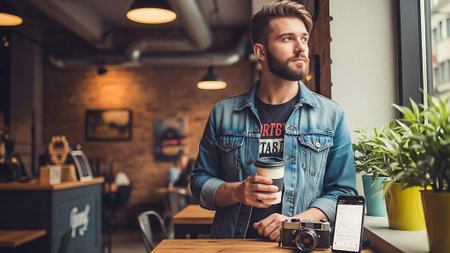 Handsome young man is holding a cup of coffee and looking away while sitting in cafeの素材