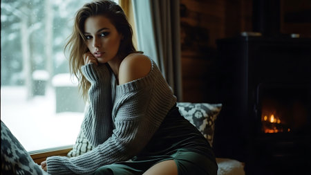 Beautiful young woman sitting on the windowsill by the fireplace.の素材