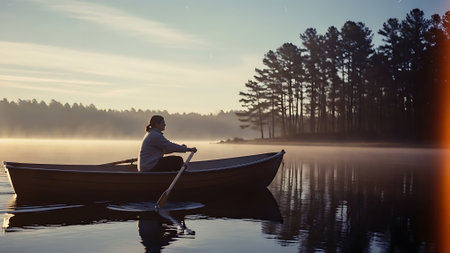 Young man rowing a boat on a foggy lake at sunriseの素材