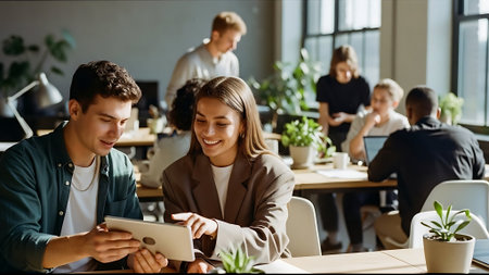 Smiling young businesspeople using digital tablet while sitting at table in officeの素材