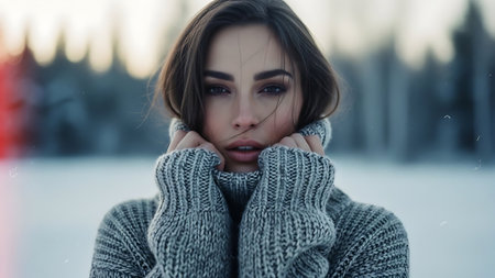 Fashion portrait of a beautiful young brunette woman in a gray sweater on the background of the winter forestの素材