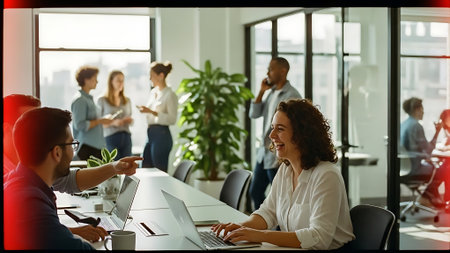 Smiling businesswoman talking to colleague during meeting in modern office.の素材
