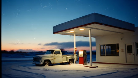 Car at gas station in winter with snow and sunset in the backgroundの素材