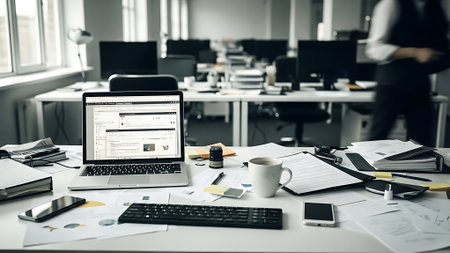Businessman working on laptop in modern office. Freelance.の素材
