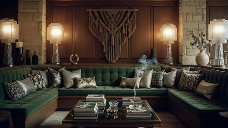 Vintage living room with green sofas and candles. 3d renderingの素材
