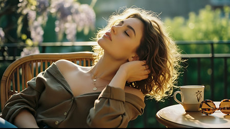 Beautiful young woman drinking coffee in a cafe on the terraceの素材