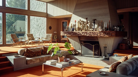 interior of modern living room with fireplace and armchairs. 3d renderの素材