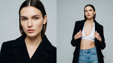 Collage of young beautiful woman in black coat and jeans isolated on greyの素材