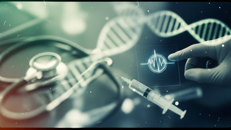 Digital composite of Doctor with stethoscope and syringe against dnaの素材