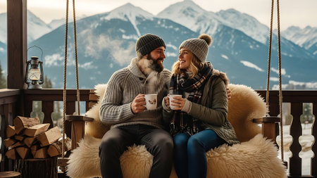 Beautiful couple in warm clothes sitting on a swing in the mountains and drinking coffeeの素材