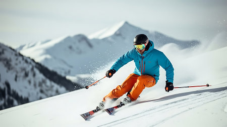 Skier skiing downhill in high mountains. Sport and active lifestyle.の素材