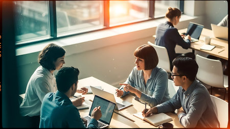 Group of business people discussing business plan at meeting table in office.の素材