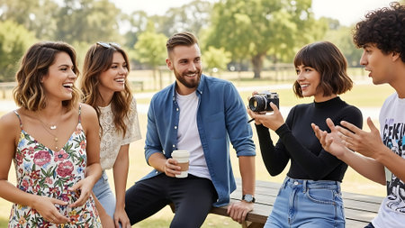 Group of young friends taking photos with a digital camera in the parkの素材