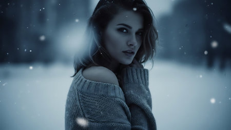 Winter portrait of a beautiful woman in the snow. Toned.の素材