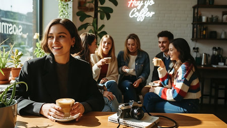 Happy young woman with cup of coffee sitting in cafe with friends on backgroundの素材