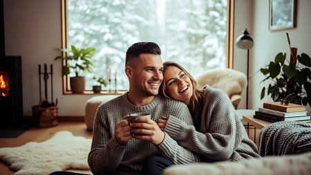 Happy young couple is drinking coffee and smiling while sitting on sofa at homeの素材