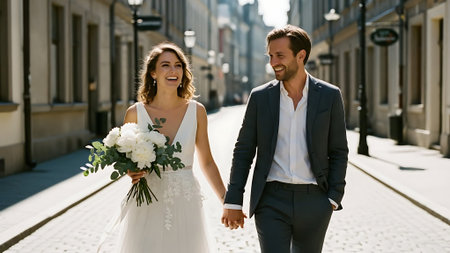 Beautiful bride and groom walking in the city on a summer day.の素材
