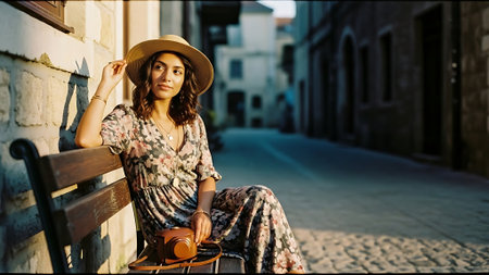 Young woman sitting on a bench in the city and looking at cameraの素材