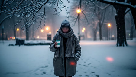 A young girl in a gray coat with a cup of hot drink in her hands walks through the winter city.の素材