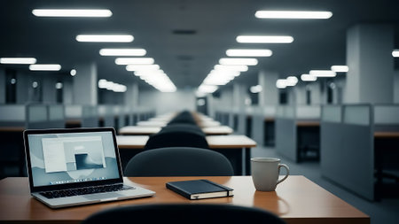 Laptop with blank screen on table in empty classroom. 3d rendering.の素材