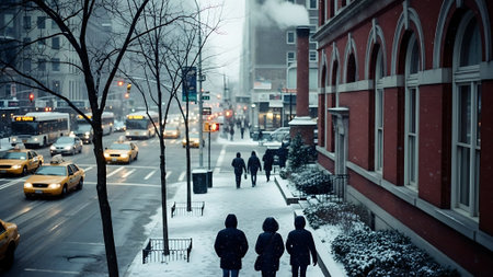 People walking on a snowy street in New York City.の素材