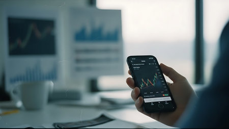 businessman hand holding smart phone with stock market chart on screen in officeの素材