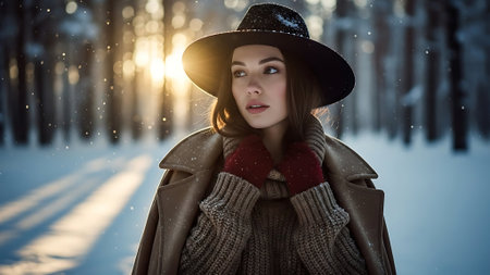 Beautiful young woman in winter forest. Portrait of a beautiful girl in hat and coat.の素材