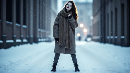 Beautiful young woman in winter coat walking in the city at nightの素材