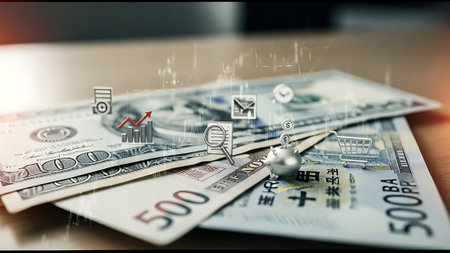 Double exposure of business graph with dollar banknote and coin on tableの素材