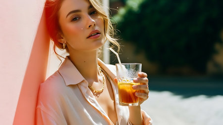 Woman Drinking Iced Tea in Warm Sunlightの素材