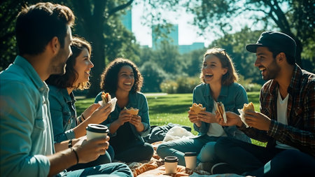 Group of friends eating sandwiches and drinking coffee while sitting on blanket in parkの素材