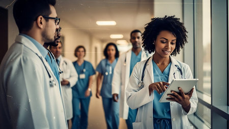 Smiling african american female doctor using digital tablet with colleagues in backgroundの素材